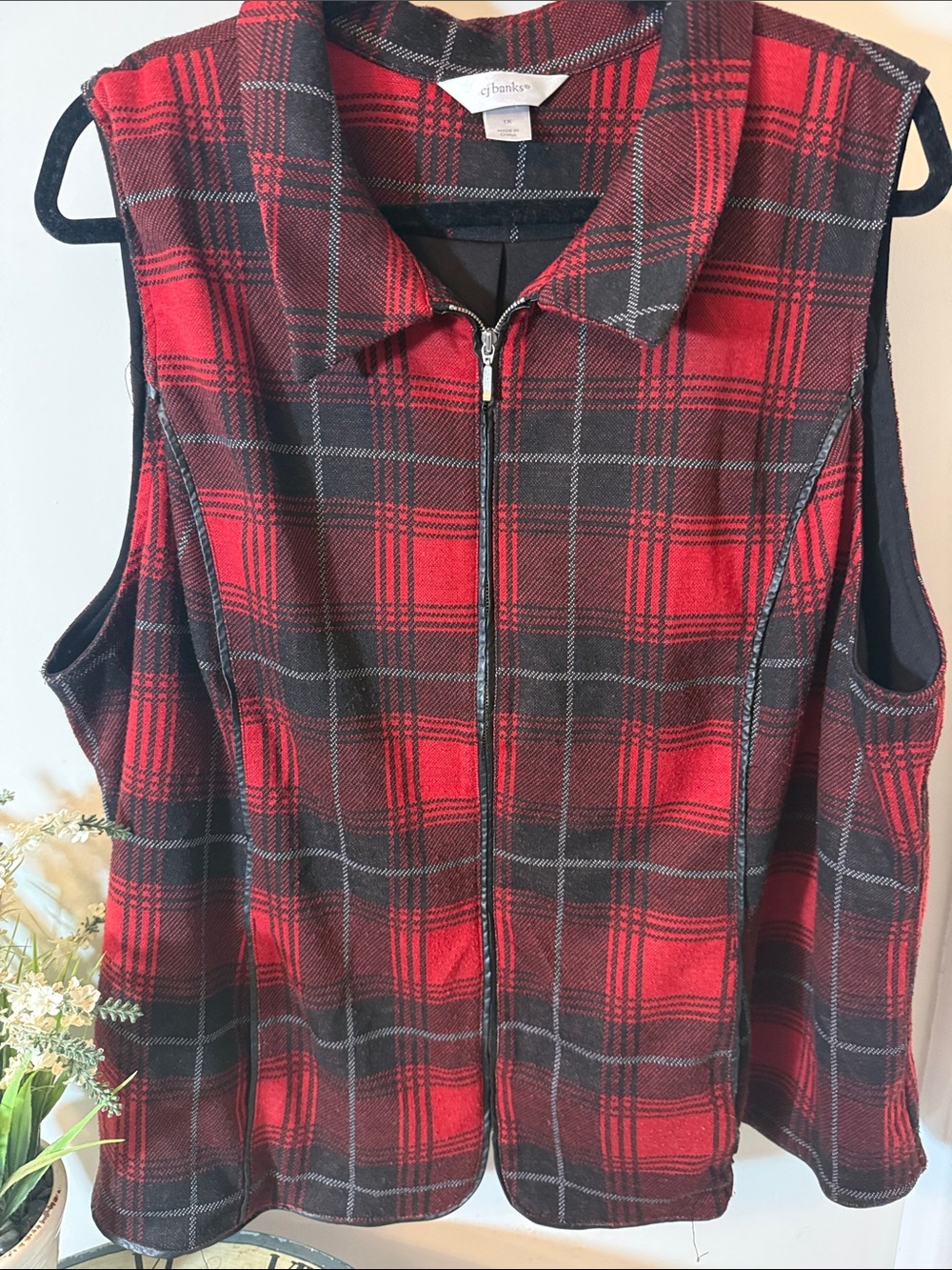 CJ Banks Red and Black Plaid Zip Vest